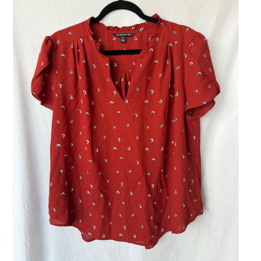 41 Hawthorn Blouse Rust Red Teardrop Print Ruffle Office Career Cottagecore XXL